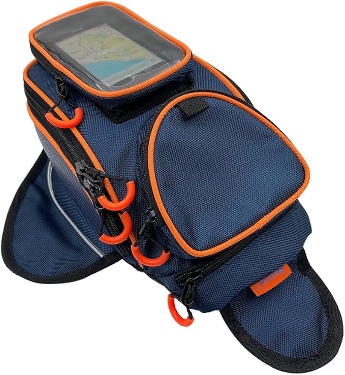 reygeak Motorcycle Tank Bag，Waterproof, with super magnetic thickened magnet blue orange 1680D PVC petrol tank bag, large window cell phone bag, suitable for Suzuki Kawasaki Honda Harley Yamaha.
