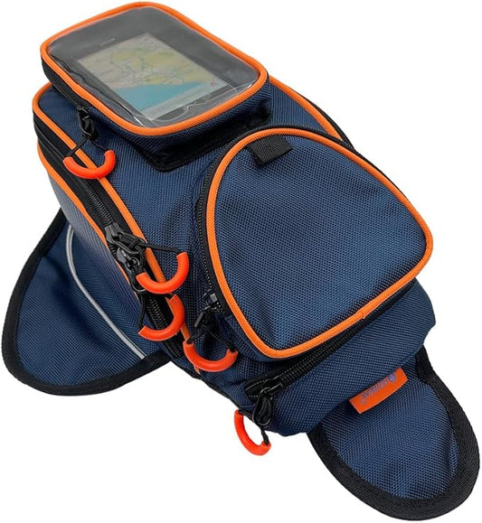 reygeak Motorcycle Tank Bag，Waterproof, with super magnetic thickened magnet blue orange 1680D PVC petrol tank bag, large window cell phone bag, suitable for Suzuki Kawasaki Honda Harley Yamaha.