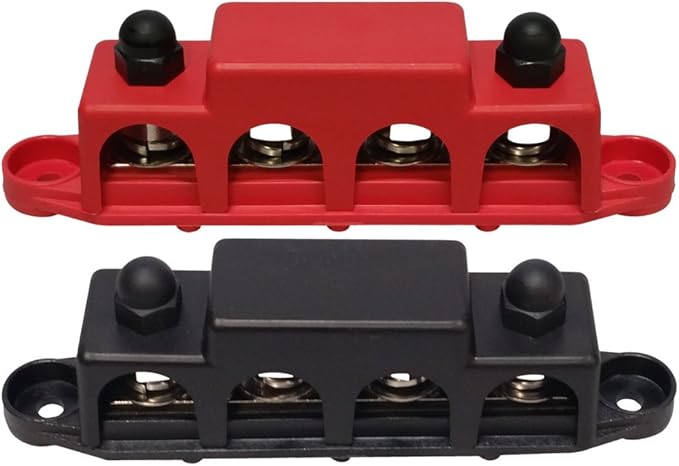 (Red & Black) 3/8" 4 Stud Bus BAR Power Distribution Block - Made in The USA - for Marine Battery Terminals, 12v Power and Ground Distribution Blocks - Terminal Block for Battery Terminals - BusBar