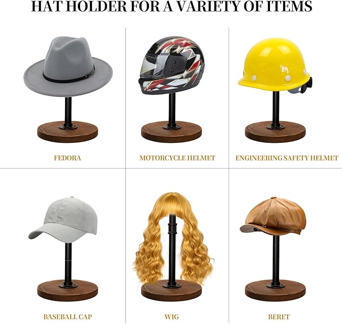 exquis Adjustable Helmet & Hat Display Stand – Rustic Wood Base with Matte Black Metal Rod, Height Adjustable 12"–17.5", Set of 1