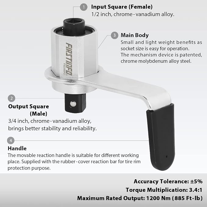FIRSTINFO 3.4:1 Manual Torque Multiplier Wrench 1200 N.m. (885 Ft-lbs) | 1/2" Drive (Female/Input) to 3/4" Drive (Male/Output) Adapter, Labor Saving Tool for Lug Nut, Easy Tire Change, F3220DF2