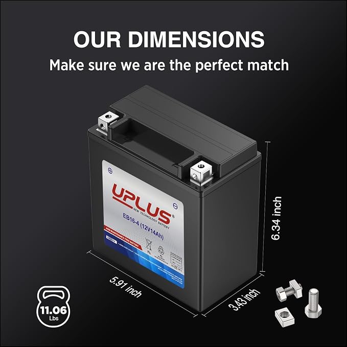 UPLUS Motorcycle Battery EB16-4 replace for YTX16-BS 12V14AH 215CCA Maintenance Free & High Performance AGM Replacement for UTV Snowmobile ATV