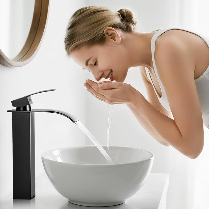 Black Bathroom Faucets, Tall Waterfall Bathroom Sink Faucet Modern Single Handle Bathroom Faucte 1 Hole, Tall Spout Vessel Faucet Mixer Tap Washbasin Faucet with Pop-up Drain, Supply Hoses