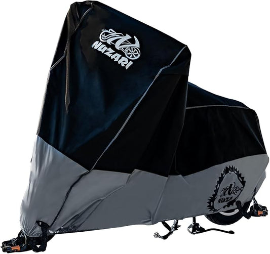 Nuzari Heavy Duty Small 250cc Motorcycle Cover - Motorcycle Covers Waterproof Outdoor Storage - Vespa Cover Waterproof Outdoor - Heavy Duty E- Bike Moped Covers (Black/Silver, Small)