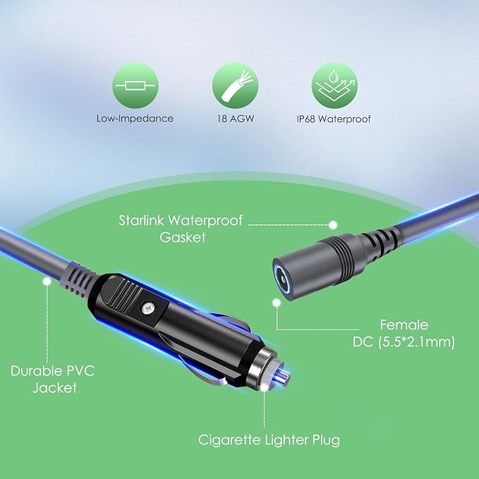 Starlink Mini Cable 12V Power Cable 16.4 FT/ 5M, Starlink Mini Accessories 16AWG Cigarette Lighter to DC Female Cord, 12V - 48V Car Charger Car Adapter