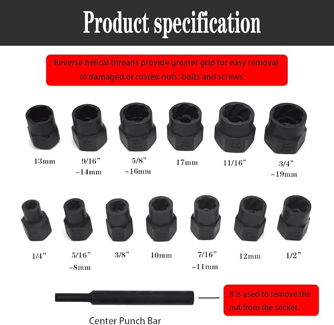 14PCS Twist Lug Nut Socket Set - 3/8 inch Drive Damaged Nut Lock Remover Extractor - Rusted & Stubborn Locking Nut Removal Tool Kit Center Punch Bar