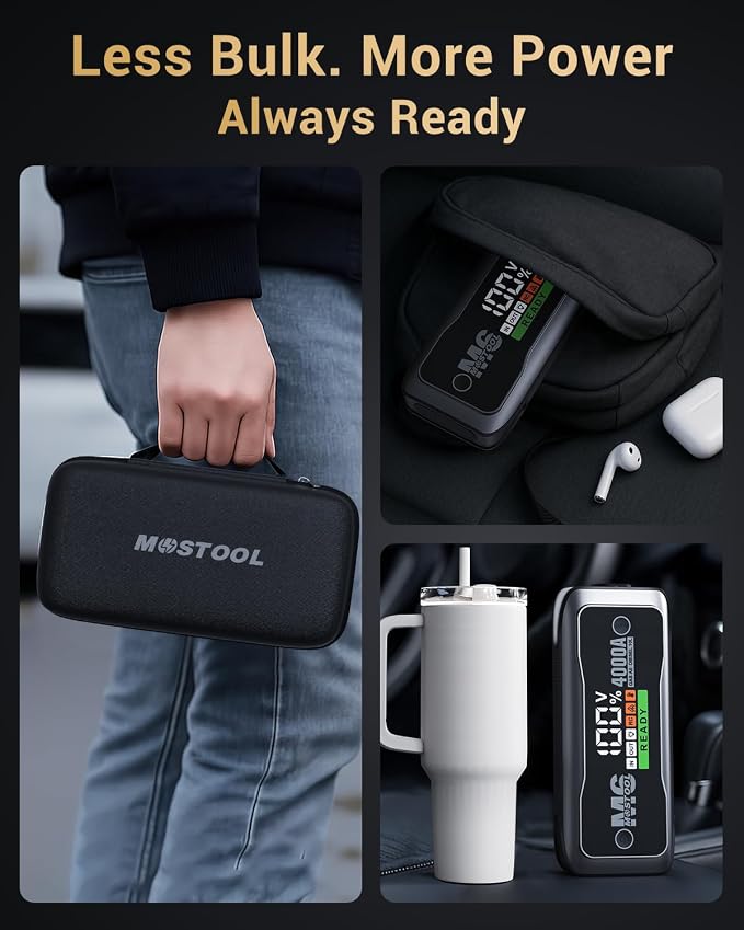 MOSTOOL M6 4000A Jump Starter with Smart HD Display, 12V Portable Jump Box & Car Battery Booster Pack with Quick Charge DC/Type C Port, Jumper Clamps LED Light - for All Gas & Up to 10.0L Diesel