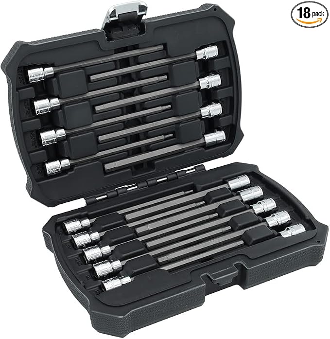 MichaelPro 18-Piece 3/8'' Drive Long Hex Bit Socket Set, SAE & Metric (1/8" - 3/8", 3-10 mm), 6-Inch Length for Deep Reach, High Torque Resistant CR-V and S2 Steel, Storage Case Included - MP012020