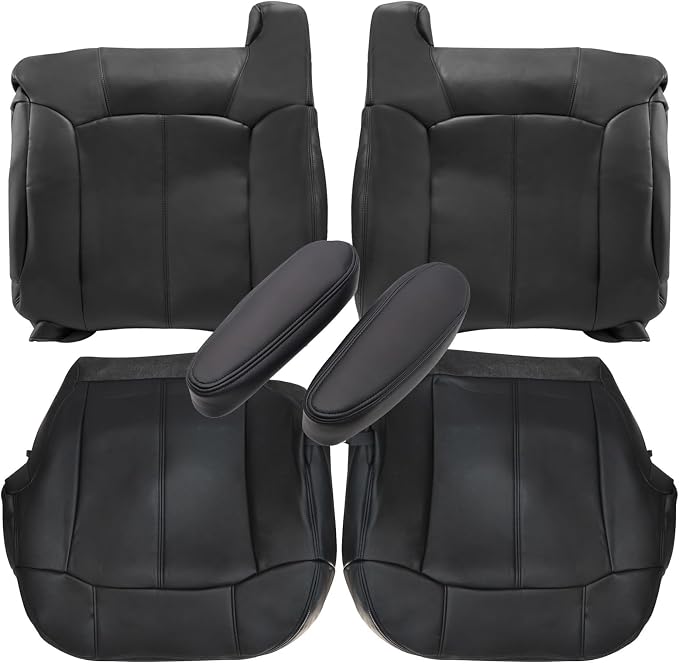SecosAutoparts Driver & Passenger Side Bottom & Top Lean Back & Armrest Black Leather Seat Covers Compatible with Chevy Silverado Compatible with GMC Sierra 1999 2000 2001 2002