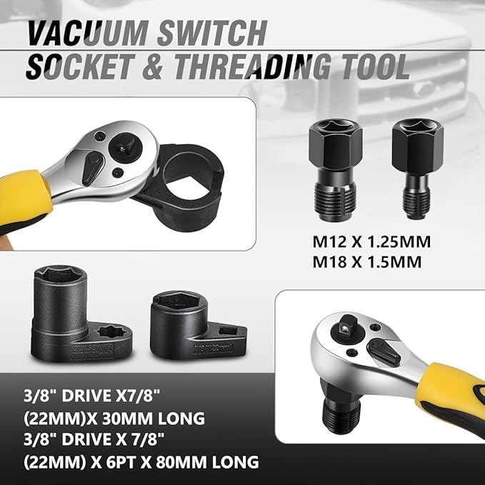 DNA MOTORING 5pcs Oxygen Sensor Socket & Thread Chaser Set Universal Fit Sensor Wrench Removal Tool 1/2" & 3/8" Drive Sockets M12 & M18 Thread Repair Tools, TOOLS-00774