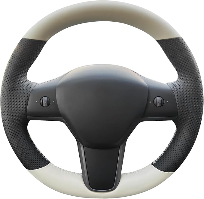 MEWANT DIY Hand Stitch Steering Wheel Cover for Tesla Model Y Model 3 Black Beige Faux Leather Steering Wheel Wrap