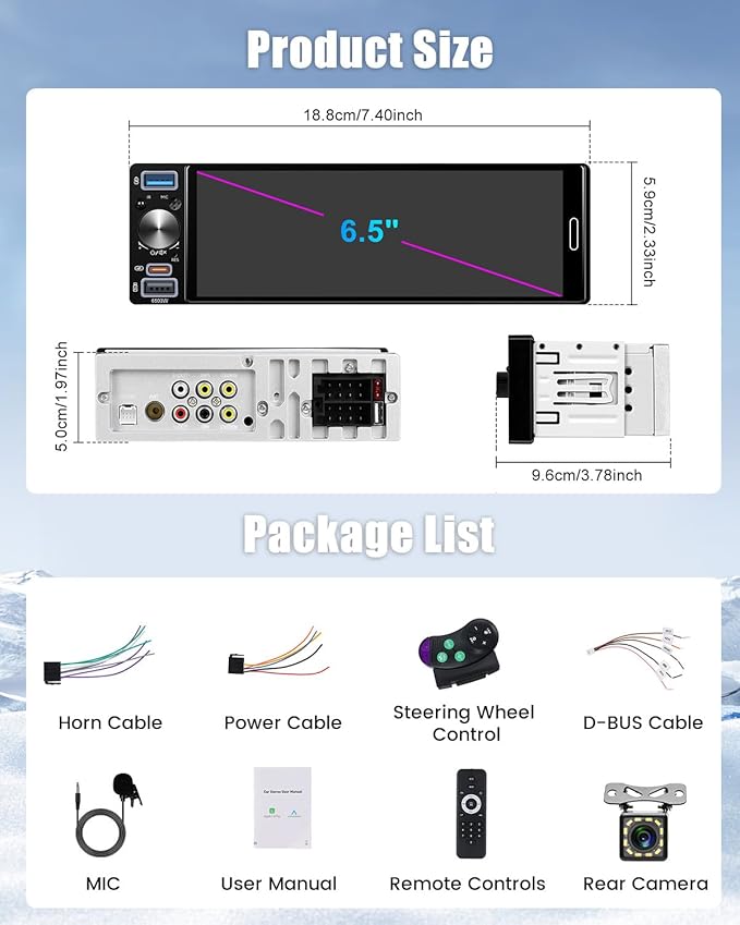 [Double USB] Single Din 1280*452 Incell Touchscreen Radio Wireless Apple Car Play, 6.5 inch Single Din Bluetooth Radio with FM/AM/RDS, EQ Settings, Type-C Port, Bluetooth, Mirror Link + Backup Camera