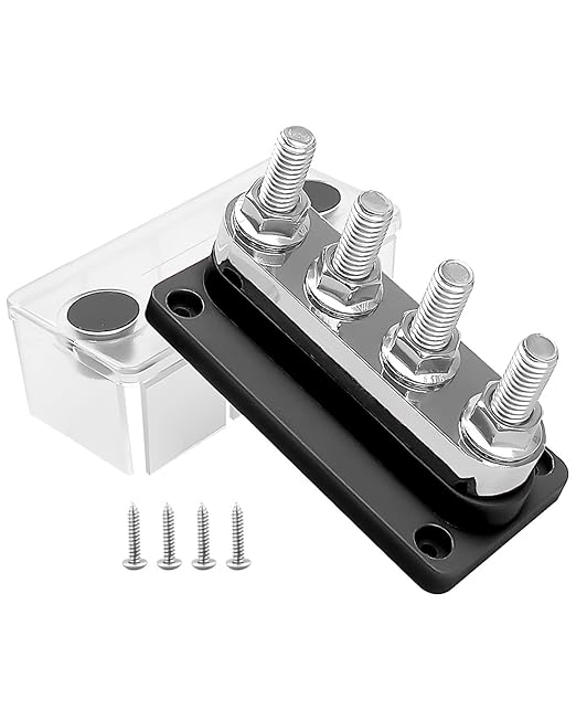 GMURA Heavy Duty Bus Bar 12-48V 600A Max, 4 M10 Studs (3/8") High Current Copper Busbar Terminal Block with Waterproof Cover, Marine Bus Bar Terminal Block Power Distribution Block, Black