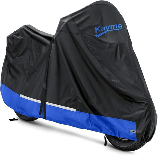 Kayme 300D Motorcycle Cover Waterproof Outdoor, Heavy Duty All Weather Rain UV Sun Protection Scooter Cover with Lock Hole, Fits 125CC 150CC Moped Dirt Bike, Size M (Up to 86" L)