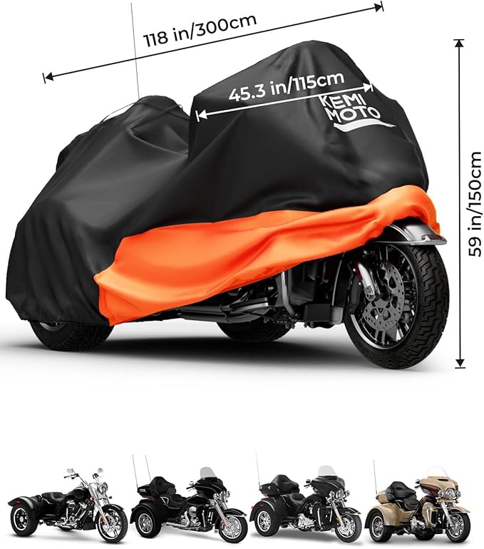KEMIMOTO Heavy Duty 420D Motorcycle Trike Cover with Antenna Opening 3 Wheel Waterproof Cover Compatible with Trike Models Freewheeler, Tri Glide Outdoor All Weather Protect from Dust Sunlight Rain
