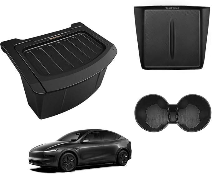 BestEvMod for 2026+ Model Y Juniper Refresh 3PCS Console Essentials Bundle Trash Can Backseat Storage Box Garbage Rear Bin Can Rear Center Console Organizer & Wireless Charger Mat & Cup Holder Insert