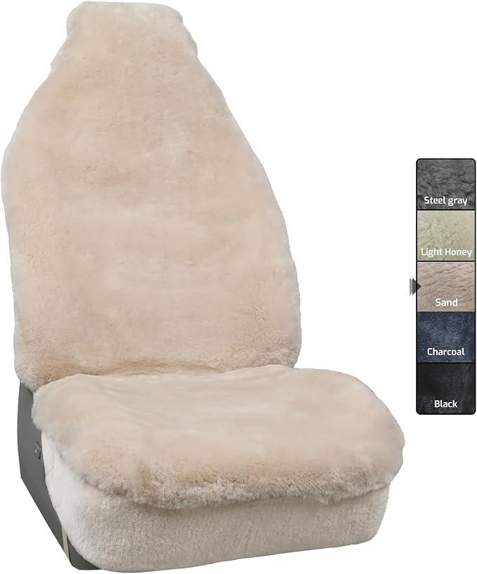 Aegis Cover Sheepskin Seat Cover Genuine Australian Merino Wool Front Seat Cover Luxury Dense Pelt Universal Fit for Most Cars, SUVs, Trucks, Bucket-Style, 54 X 22 Inches (Sand)