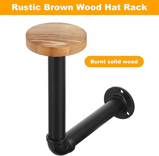 Cowboy Hat Rack -2 Pack Black Metal Pipe & Brown Wood Wall-Mounted Hat & Wig Holder, Hanging Motorcycle Helmet Holder Rack, Rustic Wood Helmet Hooks, Easy Storage for Coats, Hats, Caps