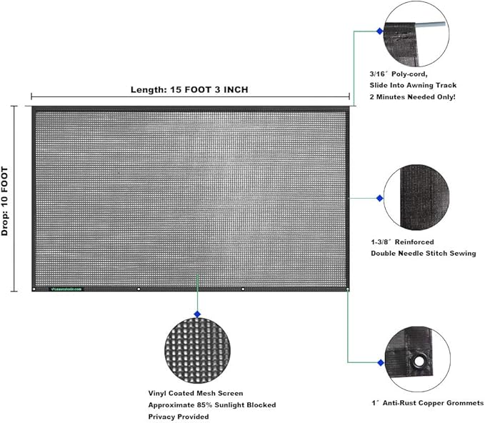 Leaveshade RV Awning Sun Shade Screen 10' X 15' 3'' (Fit for 16' Awning) Mesh Sunshade for RV Awning Motorhome Camping Trailer Awning Sunblocker Sunscreen - 3 Year Warranty (Black)