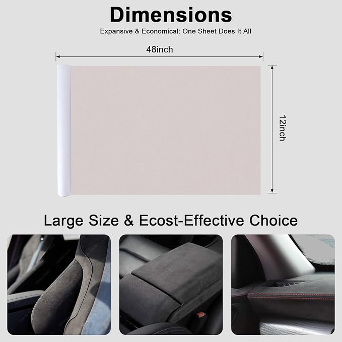 Premium Beige Suede Fabric Wrap - 12x48 inch Suede Wrap for Car Interior - Self-Adhesive Microfiber and Synthetic Leather, Stretchable Interior Film for Car and Home Decor