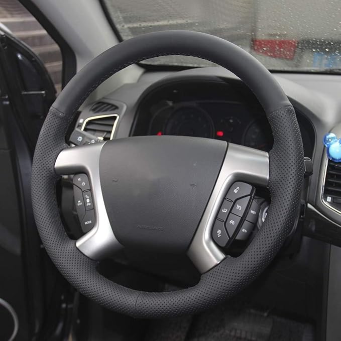 Loncky Genuine Leather Car Steering Wheel Cover for Chevrolet 2008-2013 Silverado 1500 /Silverado 2500 3500/2007-2014 Tahoe/2007-2014 Suburban 1500/2007-2013 Avalanche 1500/2009-2015 Traverse/Express