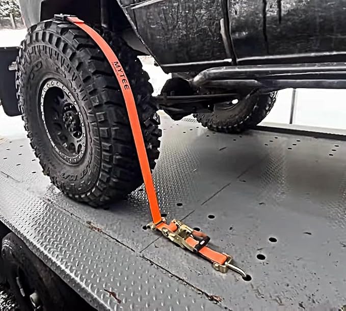 Mytee Products 4 Pack 2" x9' Over The Wheel Tire Straps w/Ratchet, Swivel J Hook & Rubber Blocks - 3,333 LBS WLL High Abrasion Orange Webbing - Towing Tie Down Strap for Auto Car Hauler, Truck Bed