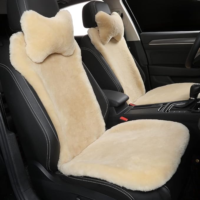 OGLAND Fuzzy Sheepskin Car Seat Covers | Genuine Fur Wool Seat Protectors for Leather Bucket Seat Cushions | Fluffy Warmers for Mercedes, Audi & Luxury Cars | Flush Furry Interior Upgrade, Pearl