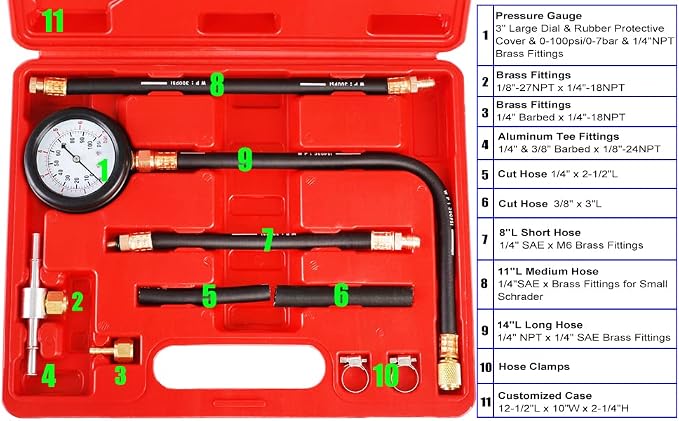 JIFETOR Fuel Injection Pump Pressure Tester Gauge Kit, Car Gasoline Gas Fuel Oil Injector Test Manometer Tool Set 0-100PSI, Universal for Auto Truck SUV Motorcycle ATV RV