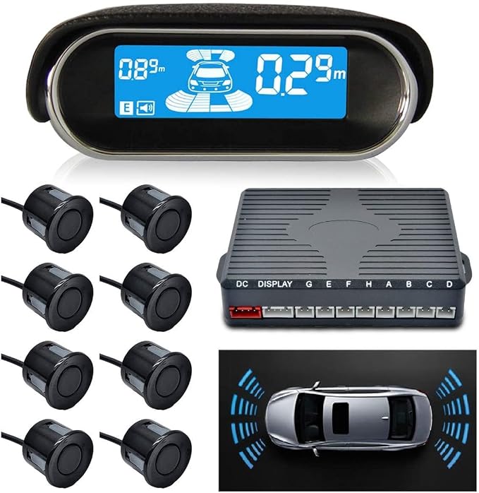 Reversing Radar, Dual-core Front and Rear LCD Display Car Vehicle Reverse Backup Radar System with Parking Sensors.(8 Sensors, Black)