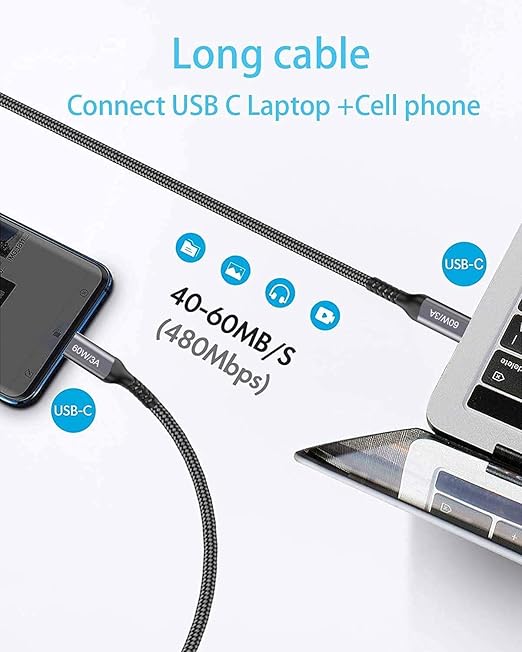 15FT USB-C to USB C Cable 60W, Extra Long USB Type-C Cable for iPhone 15,MacBook Pro 2020,iPad Air 5th,Galaxy S23 S22,Note 20,Pixel 7,Switch, Type C Laptops and Phone
