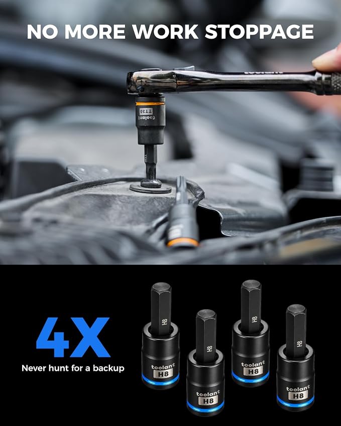 toolant Hex H8 Impact Bit Socket Set 4pcs, 3/8" S2 Steel Air Drive Star Sockets, Long High Impact Bits, Professional Mechanic & Automotive Repair Socket Set