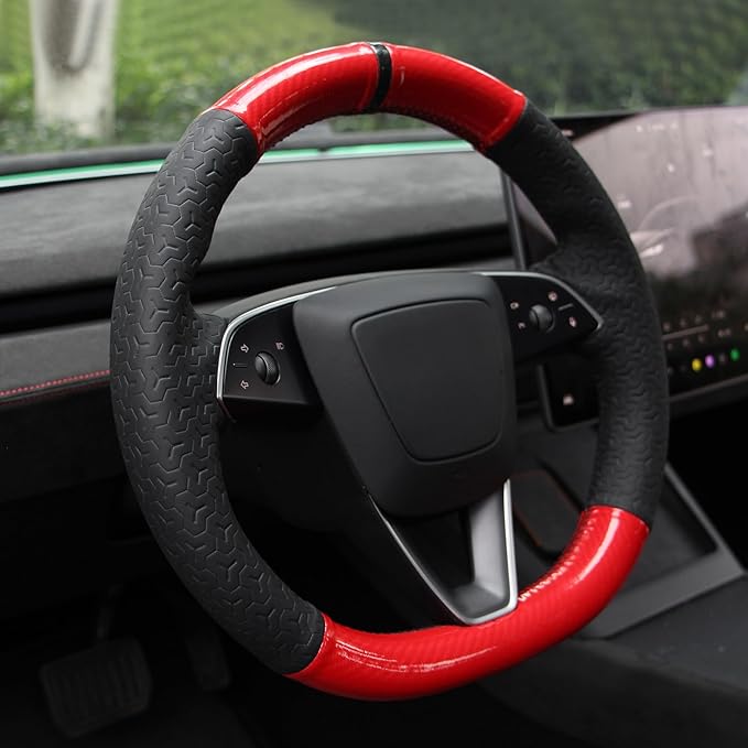 MEWANT DIY Embossed Faux Leather PU Carbon Fiber Steering Wheel Cover for Tesla Model Y Juniper Model3 Highland 2025