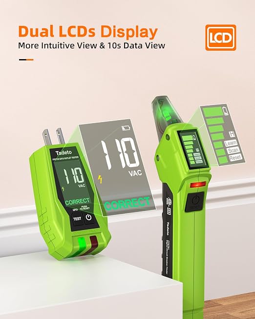 Tadeto Circuit Breaker Finder Tool with Outlet Tester, Quickly GFCI, Voltage, Electric Tester with Dual LCD Display, Light Socket and 3-2 Prong Grounding Adapter, Alligator Clip Adapter (Green)