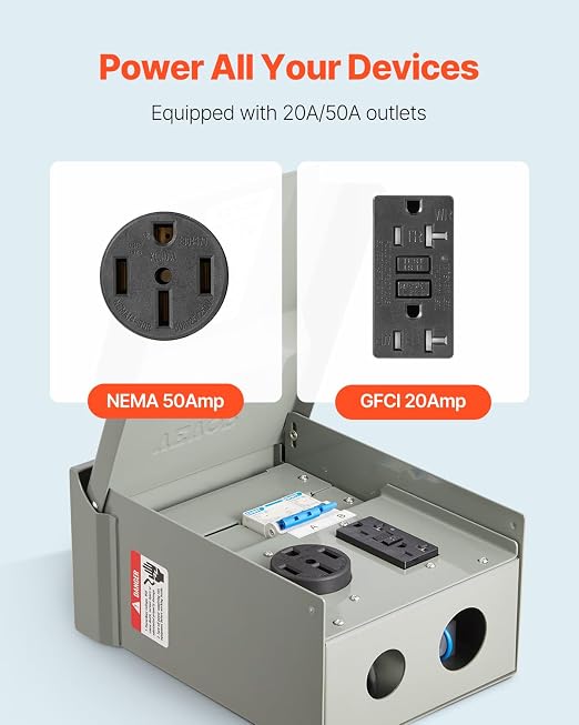 VEVOR Temporary Power Outlet Panel, RV Electrical Breaker Box with Prewired 50 Amp & 20 Amp GFCI Receptacle Circuit, Weatherproof RV Electrical Panel for RV Hookup Camper Travel Trailer Motorhome