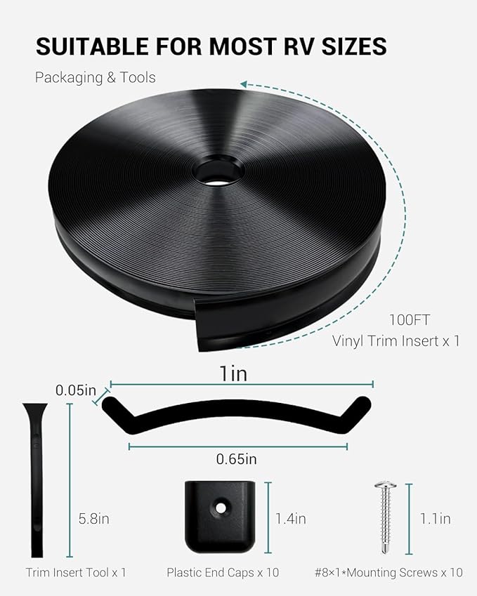 1” RV Trim Molding Insert, 100 Ft Heavy Duty RV Weather Stripping Exterior, Vinyl Rubber Seal Strip Includes End Caps, Screw Cover Trim for Camper Travel Trailer, Black