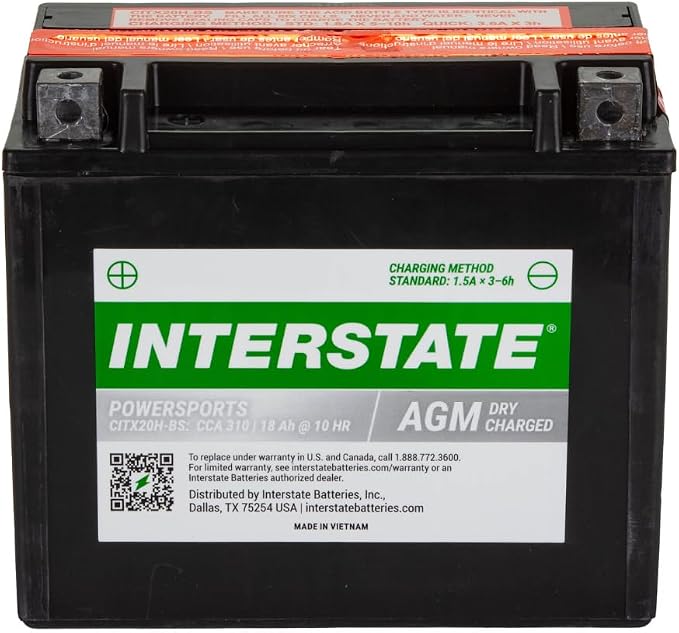 Interstate Batteries YTX20H-BS 12V 18Ah Powersports Battery 310CCA High-Performance AGM Rechargeable Replacement for Arctic Cat, Harley Motorcycles, Bikes, ATVs, Jet Skis, Snowmobiles (CITX20H-BS)