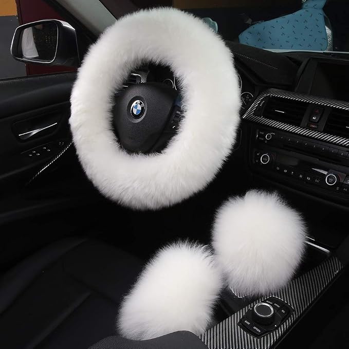 Fluffy Sheepskin Car Seat Cover, Steering Wheel Gear Shift Handbrake Cover for Auto Accessories