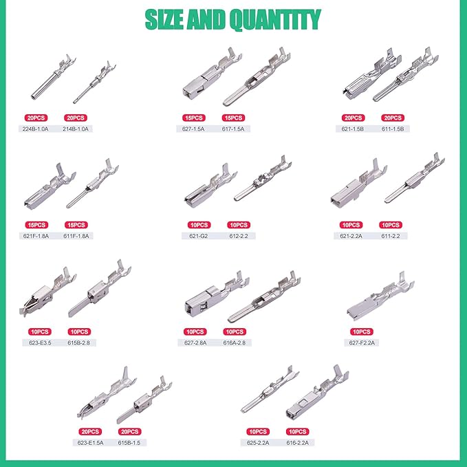 Twidec/290PCS Car Electrical Wire Terminal Pins Connector 1/1.5/1.8/2.2/2.8/3.5mm 21Type Connector Pins Terminal Auto Electric Connectors Non-Insulated Plug Removal Male Female Crimp Pins