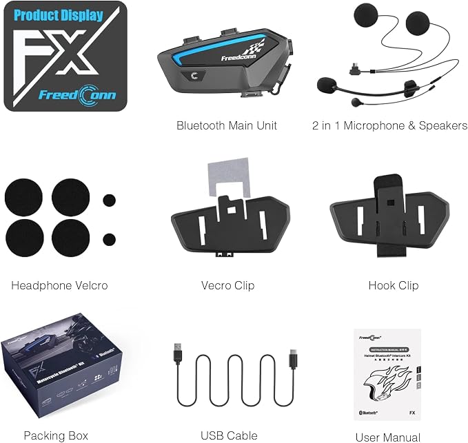 FreedConn FX 10 Riders Motorcycle Bluetooth Headset with Music Sharing, Helmet Bluetooth Intercom with Noise Cancellation/FM Radio/IP67/Ultra-Thin Body, Universal Communication Systems for Motorbike