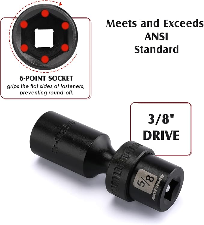 MIXPOWER 3/8" Drive Deep Impact Universal Joint Swivel Socket Set, SAE, 5/16" - 1", Deep, Flexible Wobble, Chrome Molybdenum Steel, 12 Pieces Set