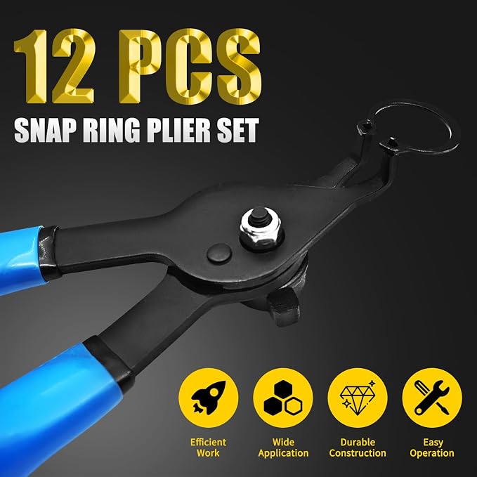 12-Piece Versatile Snap Ring Pliers Set, Internal/External Retaining Ring Pliers with 4 Tip Sizes (0.038/0.047/0.070/0.090in), Heavy Duty Convertible Fixed Tip for Automotive & Machinery