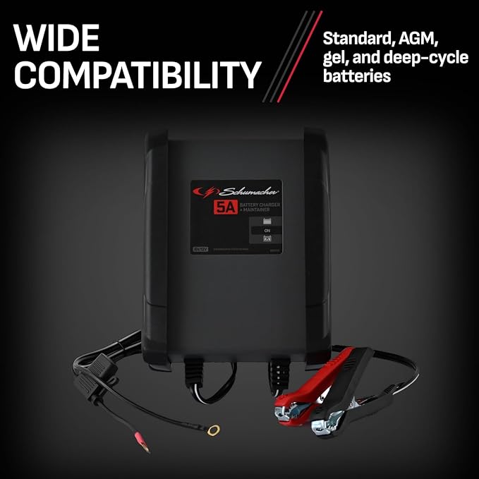 Schumacher Electric 6V / 12V Battery Charger & Maintainer - Multi-Stage Smart Charging with Quick-Connect Clamps - Fully Automatic 5A Car Battery Charger for Motorcycles, Lawn Mowers & More - SC1609