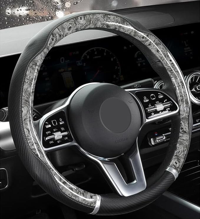 Peach Wood Grain Steering Wheel Cover Anti-Slip Breathable Durable Leather Four Seasons Universal 15 Inch Car Wrap Cover (Gray)