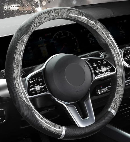Peach Wood Grain Steering Wheel Cover Anti-Slip Breathable Durable Leather Four Seasons Universal 15 Inch Car Wrap Cover (Gray)