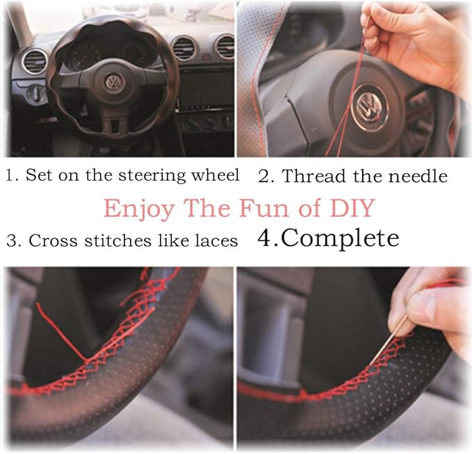 Matte Black Carbon Fiber & Nappa Leather Interior Accessories Steering Wheel Cover Hand-Stitch on Wrap Fit for Toyota RAV4 SUV 2019-2021 / Avalon 2019-2021 / Camry 2018-2021 / Corolla 2020-2021