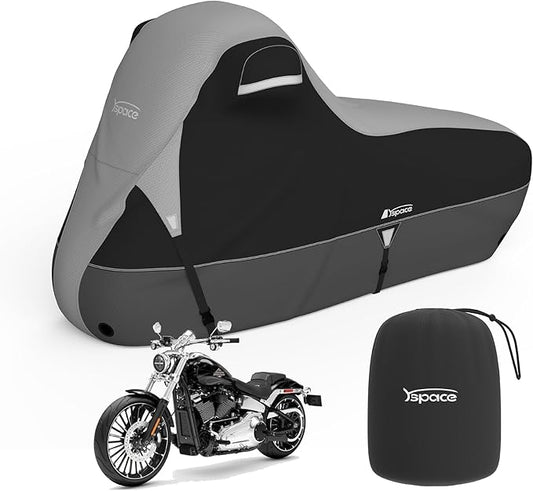 YSPACE 600D Heavy Duty Motorcycle Cover, All Season Waterproof, Sun Windproof Protection, Universal Fit for 108" 3XL Vehicle Cover, Night Reflective Strips, Black/Gray
