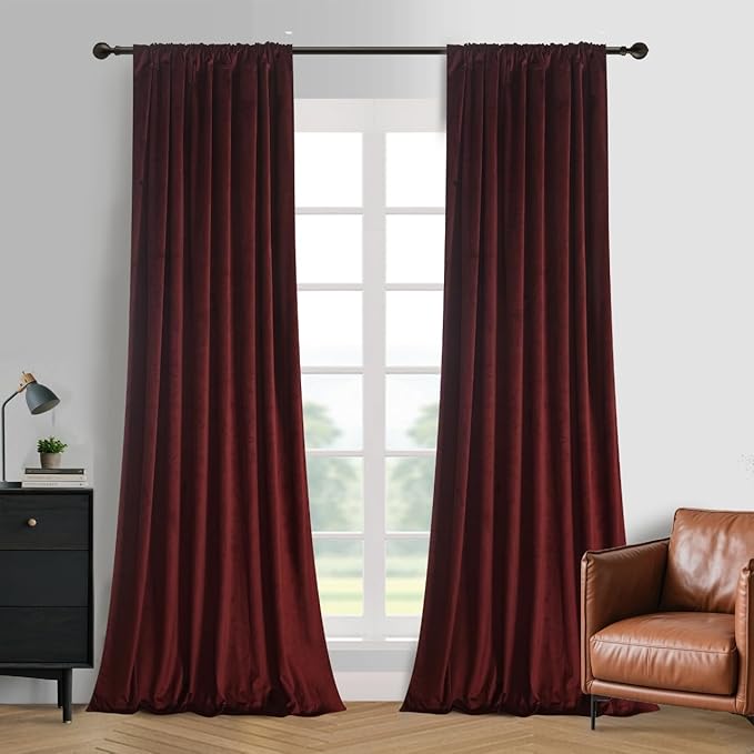 Roslynwood Extra Long 120 inches Ruby Wine Velvet Curtains Back Tab Thermal Insulated Blackout Window Drapes for Living Room/Bedroom/Dining Room, W52 x L120, 2 Panels