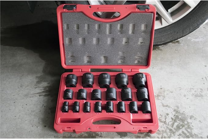 K Tool International 33101 19 Piece SAE Short Impact Socket Set, 1/2 Inch Drive 6 Point Cr Mo Steel Sockets from 3/8 to 1 1/2 Inch, Laser Etched Markings, Blow Molded Case, For Shop and Industrial Use