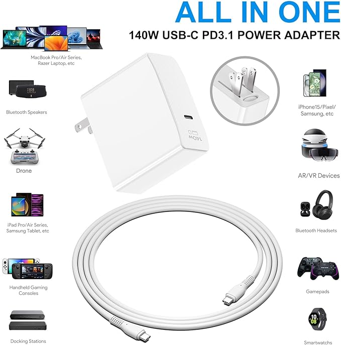 KFD 140W USB C Charger 28V5A PD3.1 Foldable Fast GaN Charger Adapter for Starlink Mini MacBook Pro/Air Surface Lenovo Razer Dell HP Asus Acer MSI Laptop Chromebook Steam Deck DJI Anker 737 Power Bank