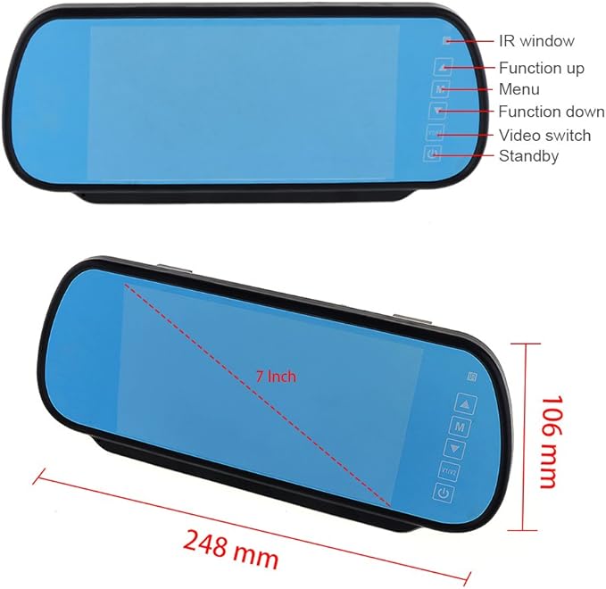 BW 7 Inch 16:9 TFT LCD Widescreen Car Monitor Car Rear View Mirror with Touch Button, HD 800(W)x 480(H) Resolution, Two Ways of Video input